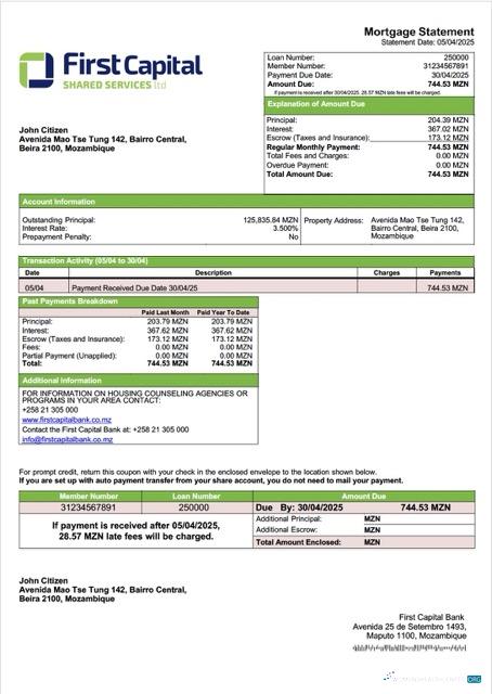 Download Mozambique First Capital Bank mortgage statement Word and PDF template Photoshop template